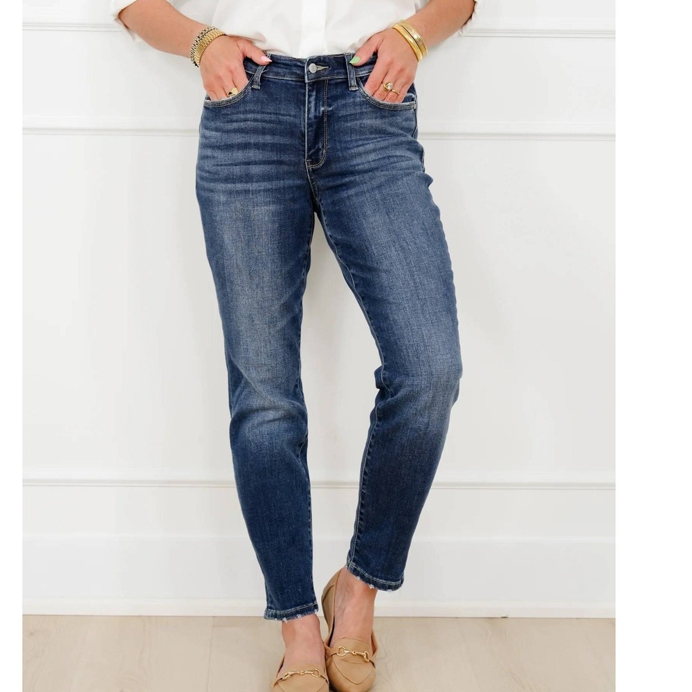 Judy Blue Boyfriend Fit Mid Rise Dark Wash Blue Denim Jeans Womens 15 32